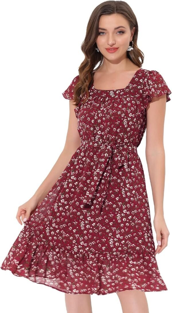 Connecteri  K Women's Floral Chiffon Flutter Sleeve Belted Square Neck Ruffled Hem Dress