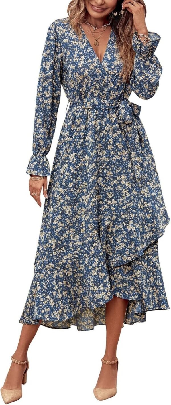 Connecteri  Women Long Sleeve Wrap Maxi Dress V Neck Boho Floral High Waist Flowy Ruffle 2024 Spring Summer Dresses with Belt