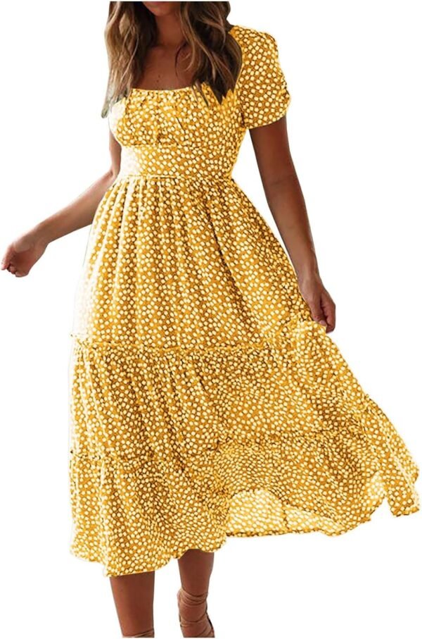 Connecteri  Dresses for Women 2023 Wedding Guest Summer V Neck Short Sleeve Smocked Ruffle Hem A-Line Polka Dot Boho Maxi Dress