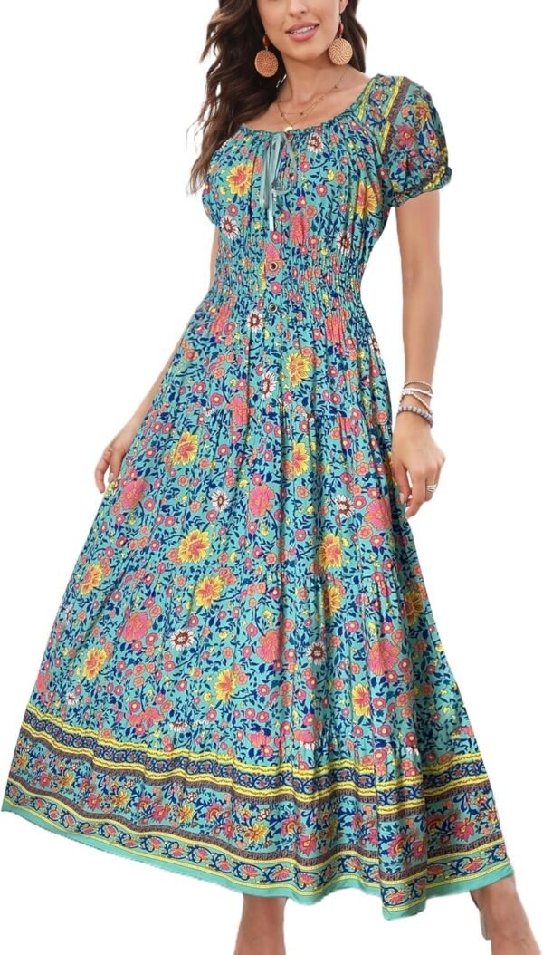 Connecteri  Women's 2024 Summer Short Sleeves Boho Floral Print Tiered Casual Flowy Long Maxi Dress