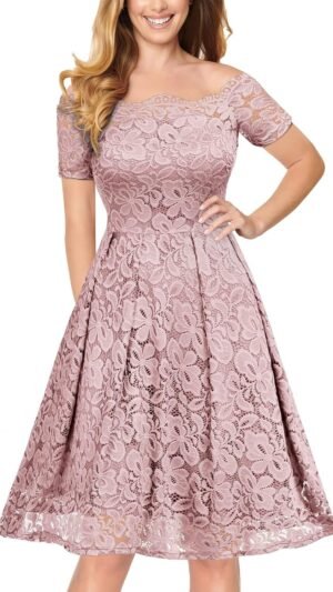 Connecteri  Women's Vintage Floral Lace Short Sleeve Boat Neck Cocktail Party Swing Dress