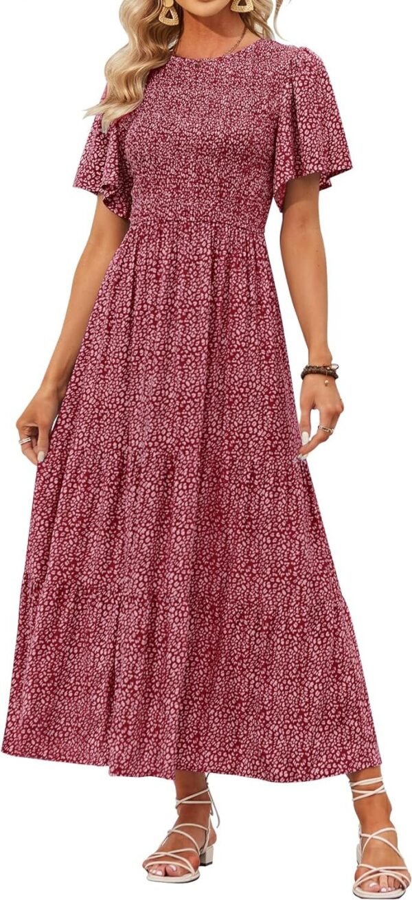 Connecteri Women's 2024 Summer Casual Floral Print Short Flutter Sleeve Crew Neck Smocked High Waist Flowy Maxi Dress