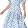 Connecteri  Women's Short Sleeve V-Neck 3/4 Sleeve Button Up Chiffon Floral Pleated Midi Swing Dress with Belt