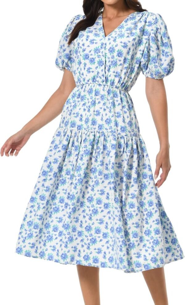 Connecteri  Women's Short Sleeve V-Neck 3/4 Sleeve Button Up Chiffon Floral Pleated Midi Swing Dress with Belt