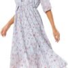 Connecteri  Women's Short Sleeve V-Neck 3/4 Sleeve Button Up Chiffon Floral Pleated Midi Swing Dress with Belt