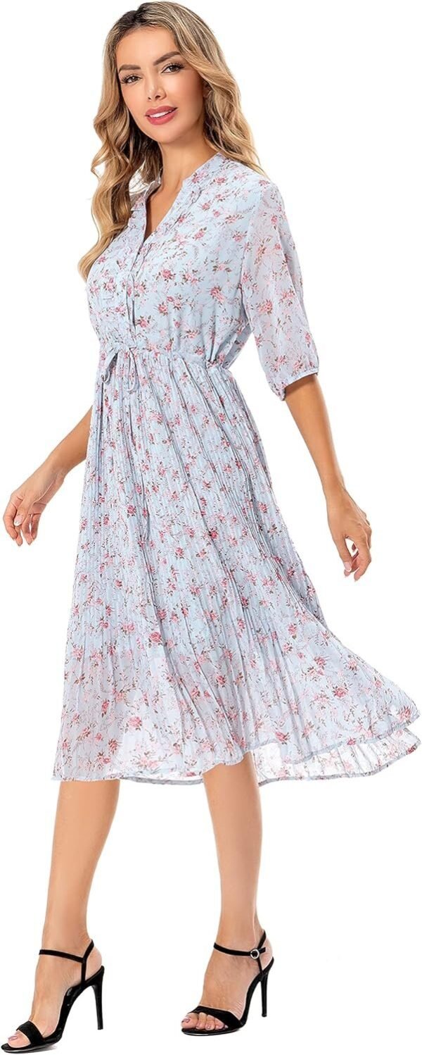 Connecteri  Women's Short Sleeve V-Neck 3/4 Sleeve Button Up Chiffon Floral Pleated Midi Swing Dress with Belt