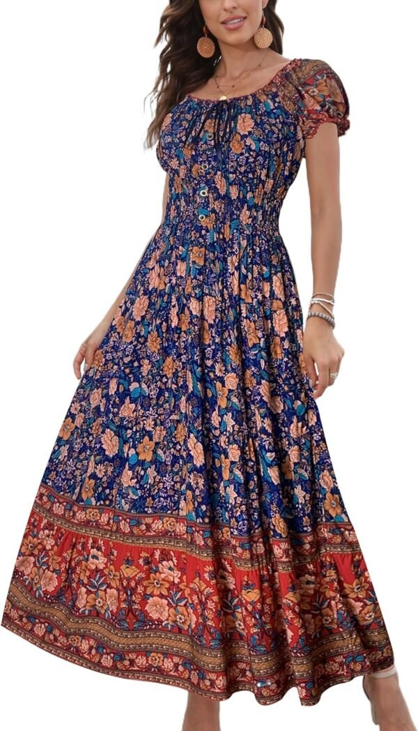 Connecteri  Women's 2024 Summer Short Sleeves Boho Floral Print Tiered Casual Flowy Long Maxi Dress
