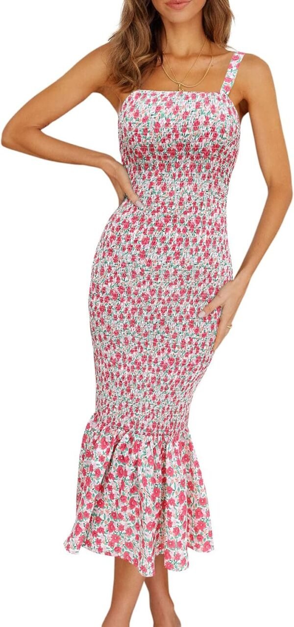 Connecteri Womens Sleeveless Strappy Ruffle Hem Smocked Bodycon Dress
