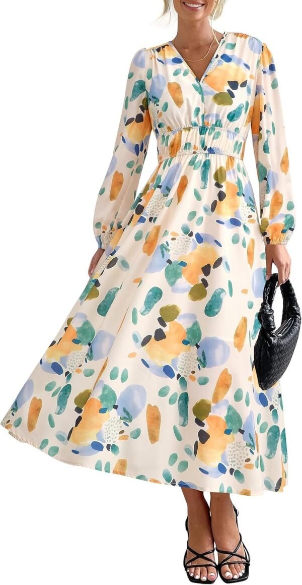 Connecteri  Women's 2024 Fall Boho Maxi Dress Casual Long Sleeve V Neck Printed Beach Long Flowy Dresses