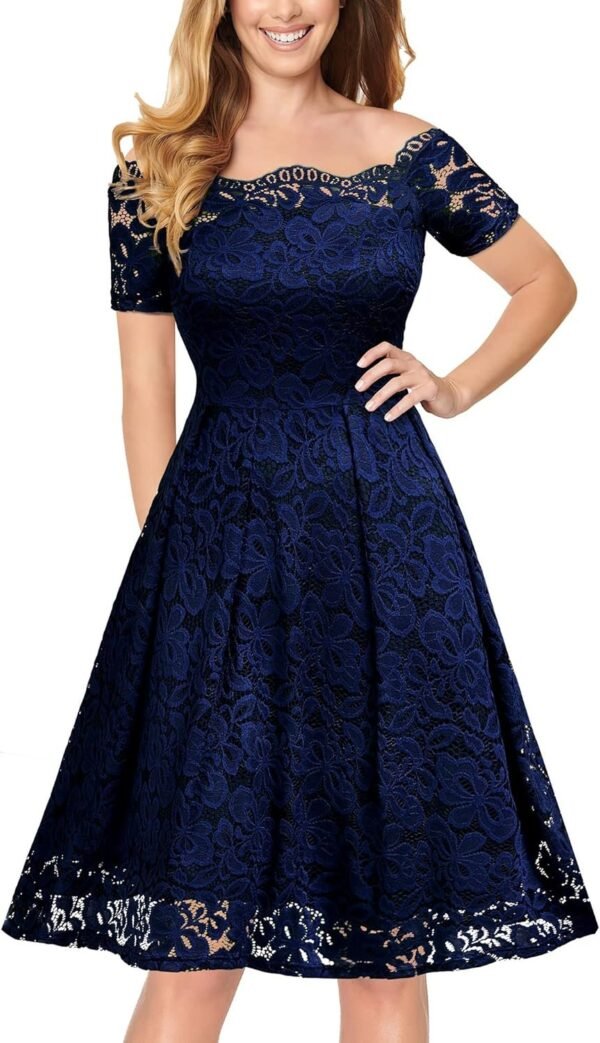 Connecteri  Women's Vintage Floral Lace Short Sleeve Boat Neck Cocktail Party Swing Dress