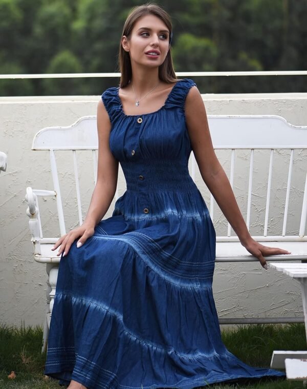 Connecteri  Women's Maxi Dress Sleeveless Denim Long Summer A-line Casual Blue Cotton Boho Flowy Sundresses for Women