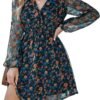 Connecteri  Women's Floral Print Chiffon A-Line Mini Dress Long Peasant Sleeves
