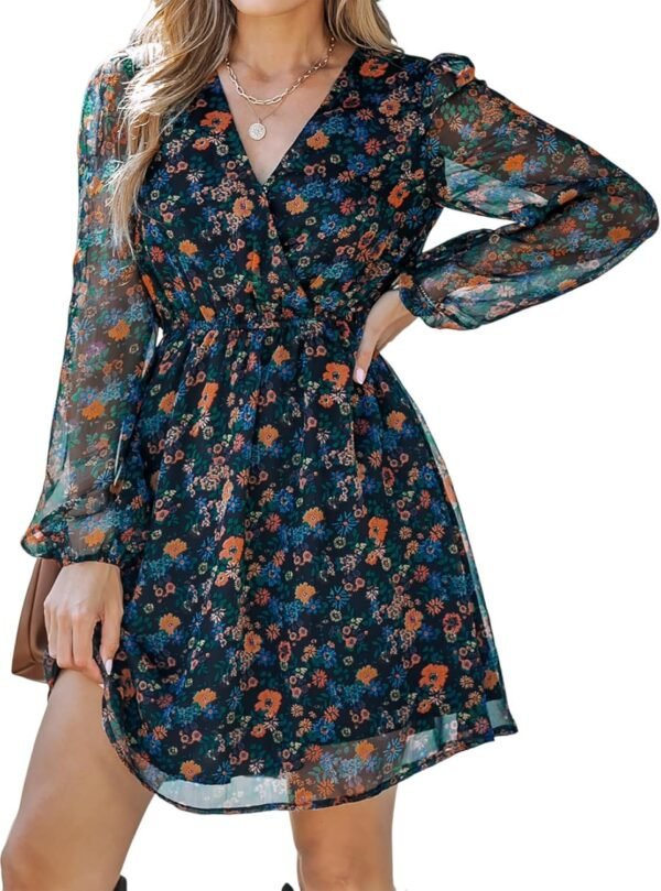 Connecteri  Women's Floral Print Chiffon A-Line Mini Dress Long Peasant Sleeves