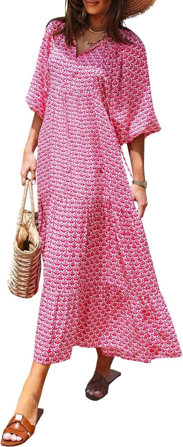 Connecteri  Womens Loose Fit Casual Summer V Neck Half Sleeve Bohemian Geometric Pattern Maxi Long Dresses