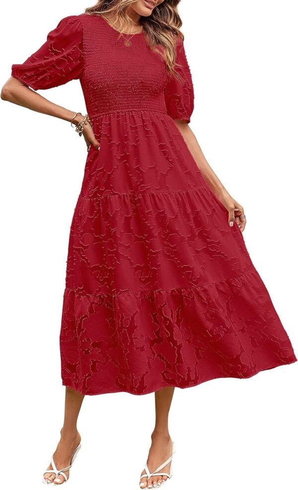 Connecteri  Women's 2024 Summer Puff Sleeve Smocked Floral Dress Crewneck Lace Flowy Tiered Midi Dresses