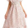 Connecteri  Women's Short Sleeve Button Up Ruffle Chiffon Floral Midi Swing Dress with Belt