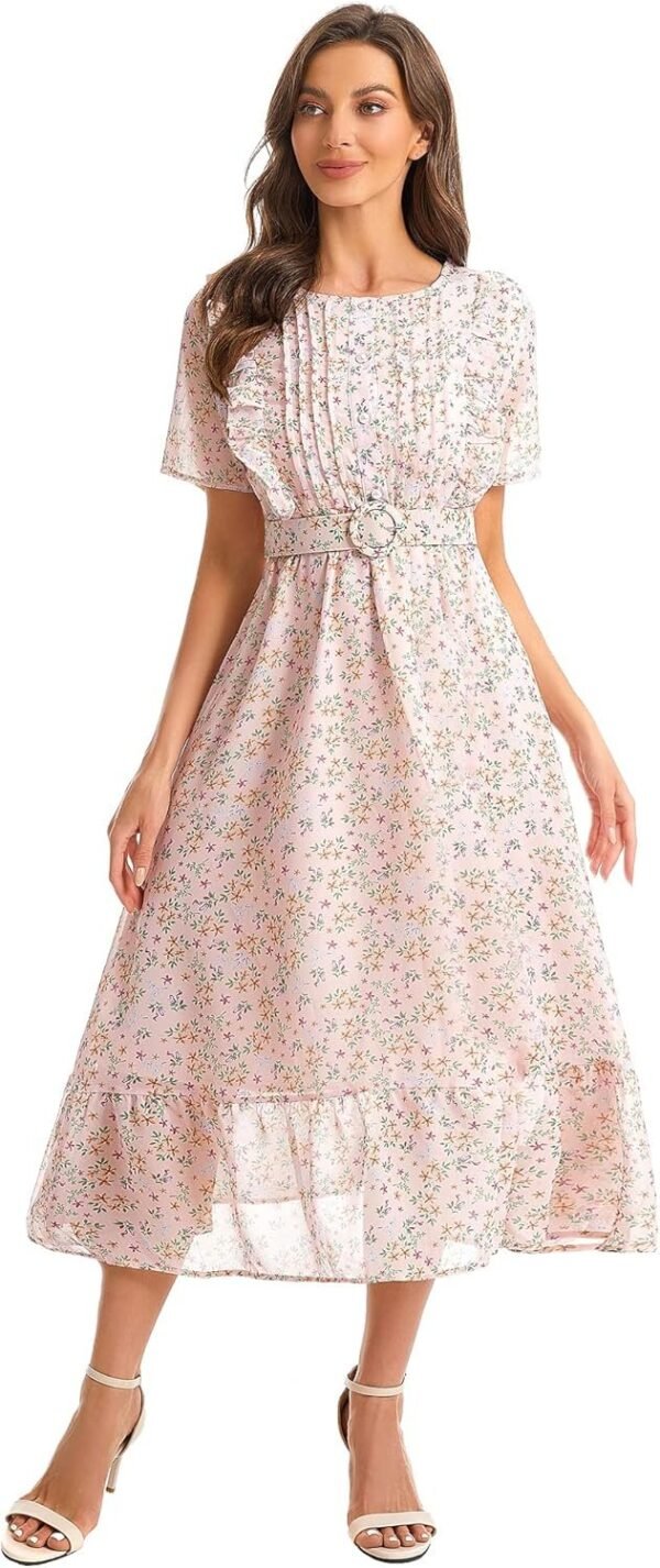 Connecteri  Women's Short Sleeve Button Up Ruffle Chiffon Floral Midi Swing Dress with Belt