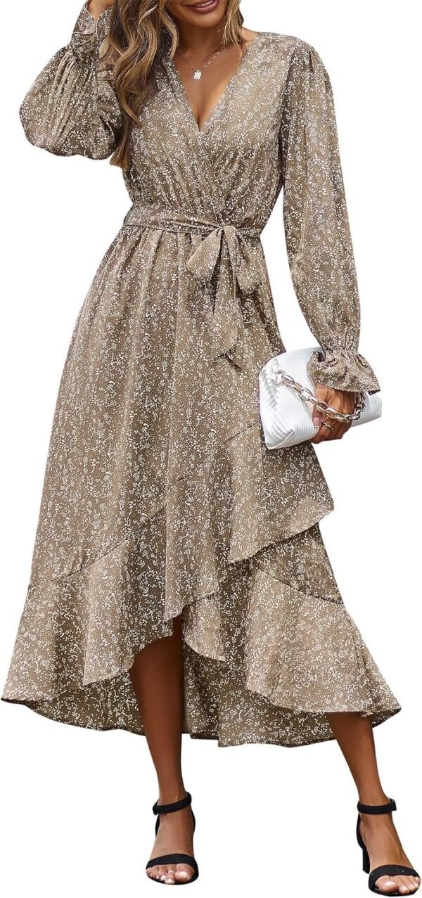 Connecteri  Women Long Sleeve Wrap Maxi Dress V Neck Boho Floral High Waist Flowy Ruffle 2024 Spring Summer Dresses with Belt