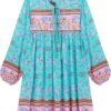 Connecteri  Womens Long Sleeve Floral Casual Print Cotton Mini Tunic Dress