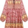 Connecteri  Womens Long Sleeve Floral Casual Print Cotton Mini Tunic Dress