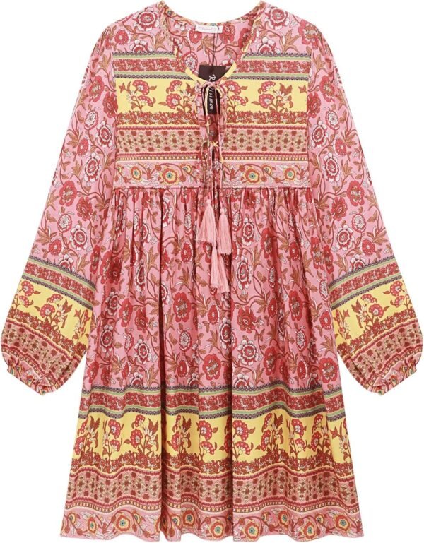Connecteri  Womens Long Sleeve Floral Casual Print Cotton Mini Tunic Dress