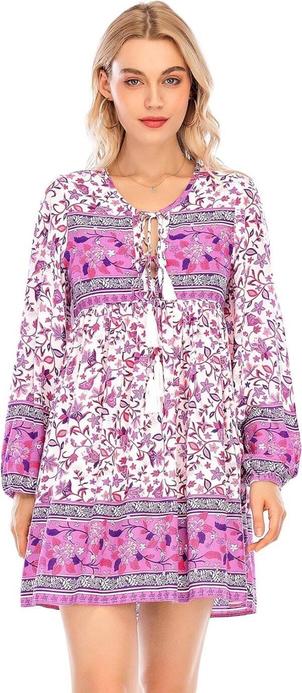 Connecteri  Womens Long Sleeve Floral Casual Print Cotton Mini Tunic Dress