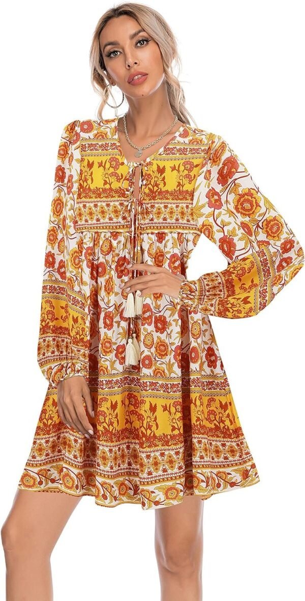 Connecteri  Womens Long Sleeve Floral Casual Print Cotton Mini Tunic Dress