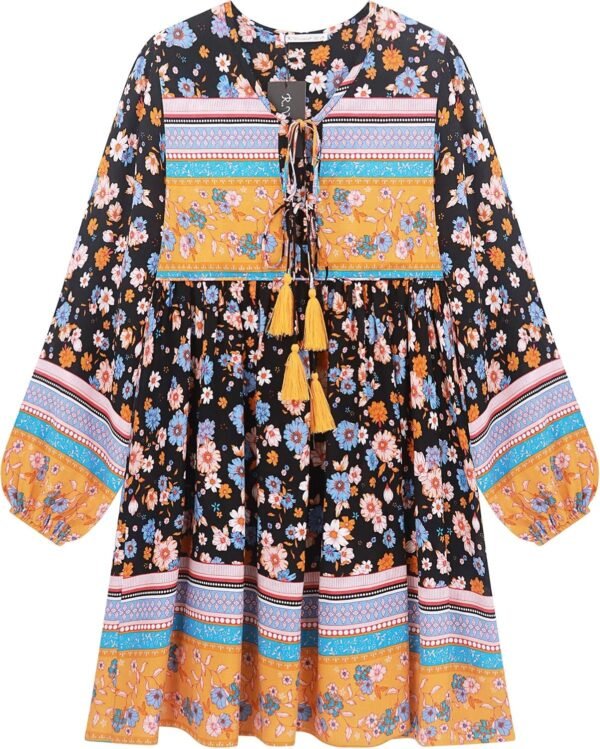 Connecteri  Womens Long Sleeve Floral Casual Print Cotton Mini Tunic Dress