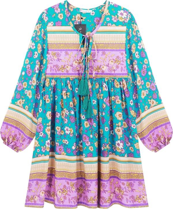 Connecteri  Womens Long Sleeve Floral Casual Print Cotton Mini Tunic Dress