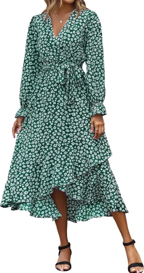 Connecteri  Women Long Sleeve Wrap Maxi Dress V Neck Boho Floral High Waist Flowy Ruffle 2024 Spring Summer Dresses with Belt
