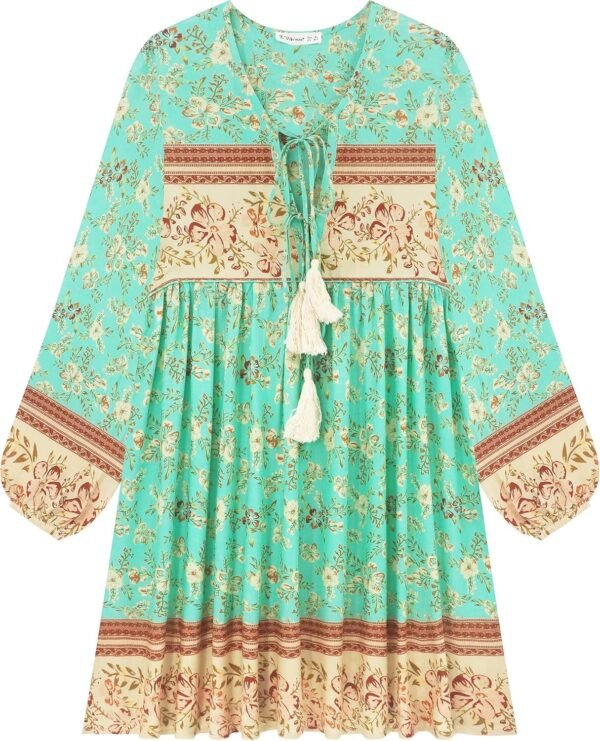 Connecteri  Womens Long Sleeve Floral Casual Print Cotton Mini Tunic Dress