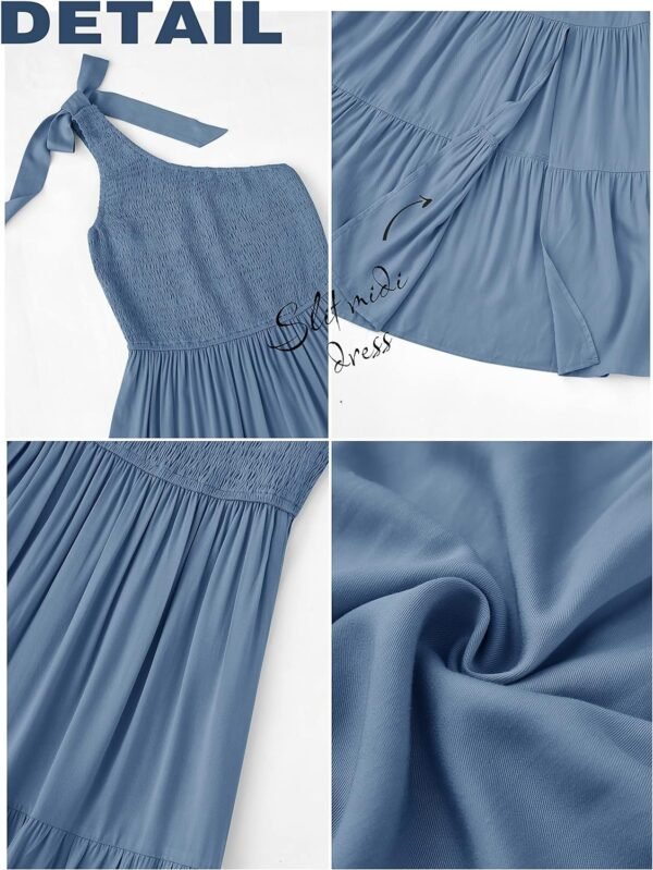 Connecteri  Women's Summer One Shoulder Sleeveless Knot Smocked Midi Dress Split Tiered Flowy Dresses