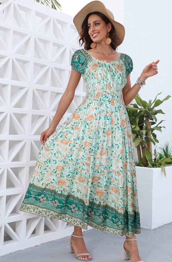 Connecteri  Women's 2024 Summer Short Sleeves Boho Floral Print Tiered Casual Flowy Long Maxi Dress