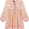 Connecteri  Womens Long Sleeve Floral Casual Print Cotton Mini Tunic Dress
