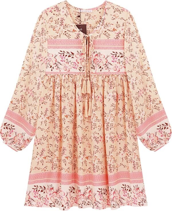 Connecteri  Womens Long Sleeve Floral Casual Print Cotton Mini Tunic Dress