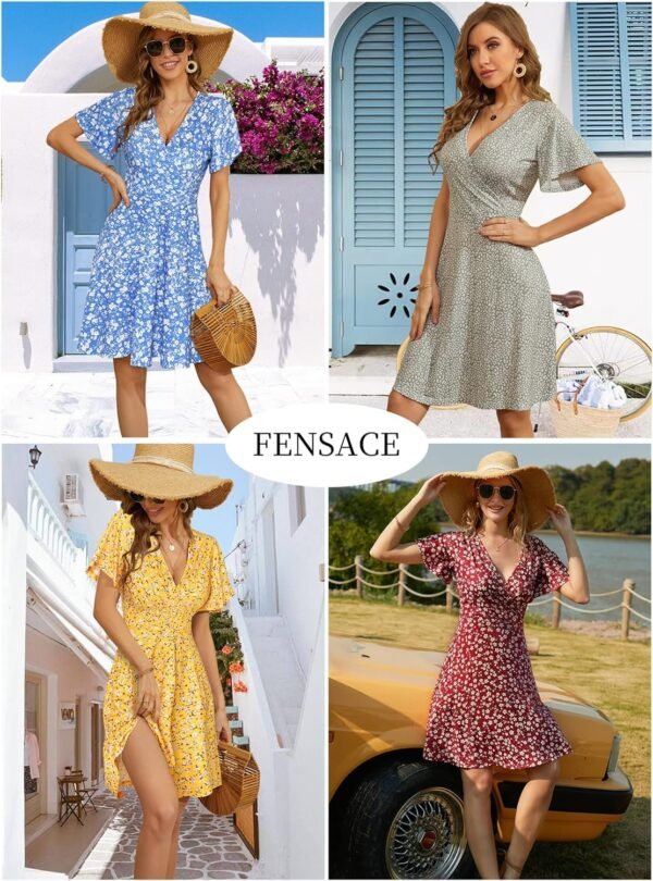 Connecteri  Womens Sundress Summer Floral Short Sleeve Wrap V Neck A-Line Midi Dress