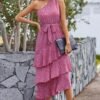 Connecteri?Womens Summer Floral One Shoulder Tiered Ruffle Flowy Midi Beach Boho Dress