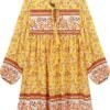 Connecteri  Womens Long Sleeve Floral Casual Print Cotton Mini Tunic Dress