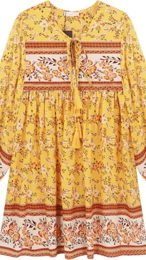 Connecteri  Womens Long Sleeve Floral Casual Print Cotton Mini Tunic Dress
