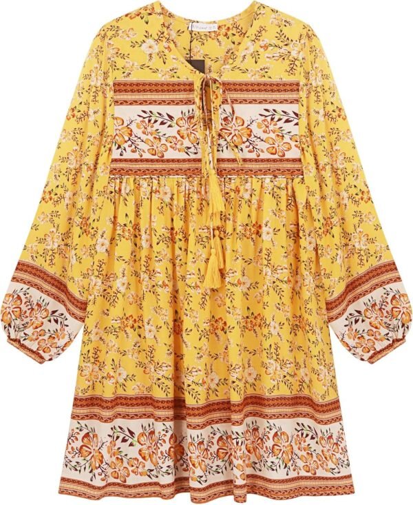 Connecteri  Womens Long Sleeve Floral Casual Print Cotton Mini Tunic Dress