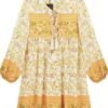 Connecteri  Womens Long Sleeve Floral Casual Print Cotton Mini Tunic Dress