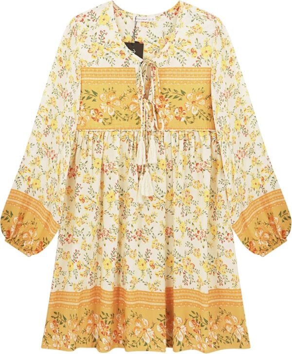 Connecteri  Womens Long Sleeve Floral Casual Print Cotton Mini Tunic Dress