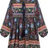 Connecteri  Womens Long Sleeve Floral Casual Print Cotton Mini Tunic Dress