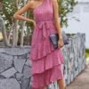 Connecteri?Womens Summer Floral One Shoulder Tiered Ruffle Flowy Midi Beach Boho Dress