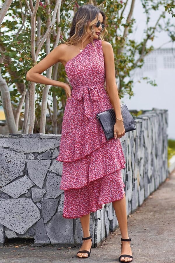 Connecteri?Womens Summer Floral One Shoulder Tiered Ruffle Flowy Midi Beach Boho Dress