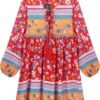 Connecteri  Womens Long Sleeve Floral Casual Print Cotton Mini Tunic Dress