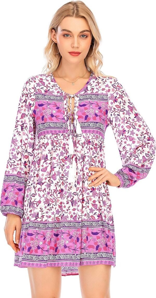 Connecteri  Womens Long Sleeve Floral Casual Print Cotton Mini Tunic Dress