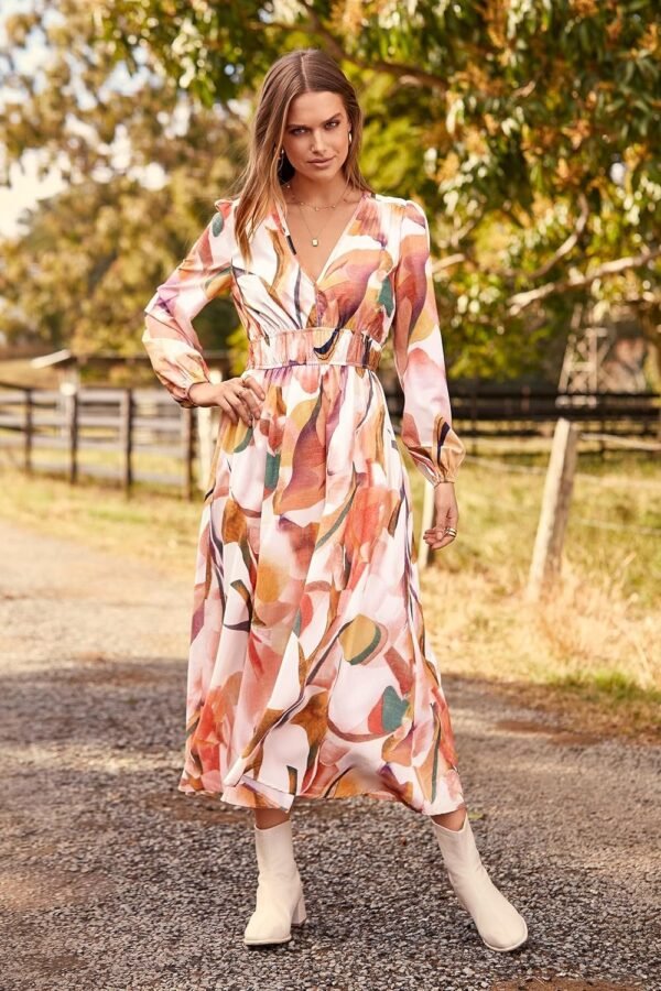 Connecteri  Women's 2024 Fall Boho Maxi Dress Casual Long Sleeve V Neck Printed Beach Long Flowy Dresses