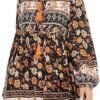 Connecteri  Womens Long Sleeve Floral Casual Print Cotton Mini Tunic Dress