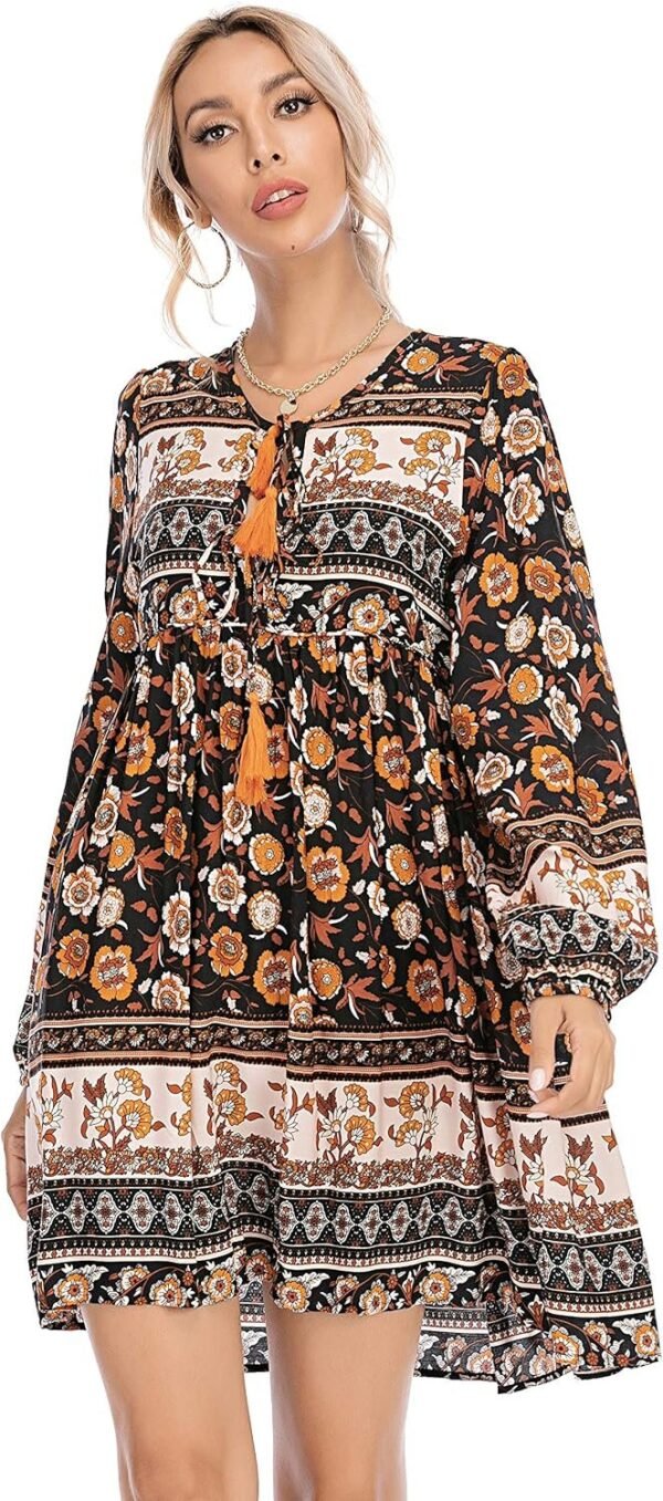 Connecteri  Womens Long Sleeve Floral Casual Print Cotton Mini Tunic Dress